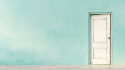 A Single White Door Framed in a Light Blue Wall, Symbolizing New Opportunities and Fresh Beginnings in a Serene and Minimalist Setting
