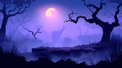 Mysterious foggy platform between dead trees at night. Moonlit. Illustration
