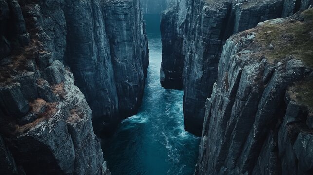 A breathtaking view of a narrow canyon with steep cliffs showcasing the power of nature. The river flows gently through the rocky terrain. Generative AI