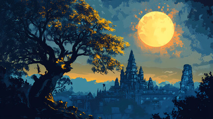 Mystical moonlit tree and temple. Moonlit. Illustration