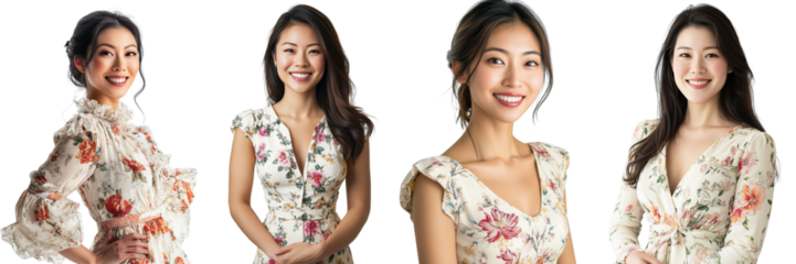 A Set of Elegant Asian Woman with a Bright Smile and Radiant Personality Isolated on Transparent Background