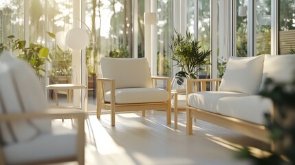 Fototapeta premium Modern minimalist sunroom with clean, bright design. Featuring neutral tones and sleek furnishings