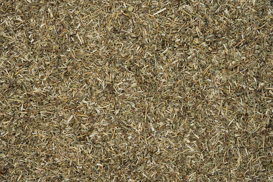 Close-up of scattered dried thyme leaves covering the entire surface, creating a textured pattern. Perfect for use as a background, texture, or culinary-themed imagery.