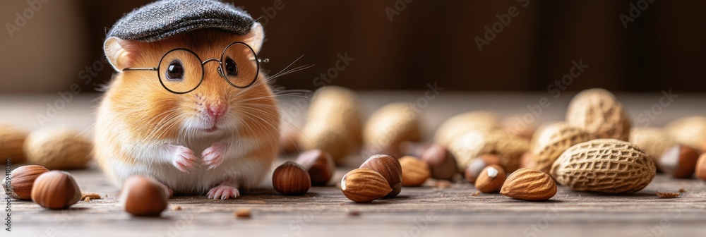 Poster cute hamster with glasses and cap enjoys a snack collection of nuts on a wooden table during a cozy 
