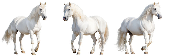 Obraz premium A Set of Elegant White Horses with Long Flowing Manes Running Across a Meadow Isolated on Transparent Background