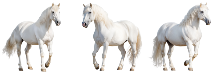 A Set of Elegant White Horses with Long Flowing Manes Running Across a Meadow Isolated on Transparent Background
