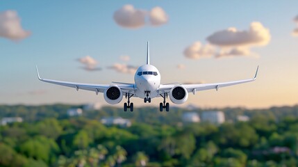 Obraz premium An airplane soars over palm trees against a clear sunset sky, with sun rays illuminating the scene, symbolizing travel, vacation, and air transport. The beautiful sky serves as a stunning background,