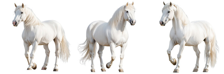 Obraz premium A Set of White Horses with Flowing Manes in a Majestic Display of Beauty Isolated on Transparent Background