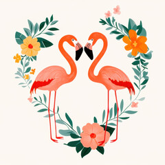 Obraz premium Flamingo in love in Valentine concept. Flamingos entwined in a heart-shaped floral wreath, soft pastel colors, flat design illustration