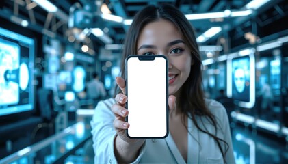 woman in white dress showing mobile phone with white screen while smiling, futuristic background, blank screen mobile phone mockup