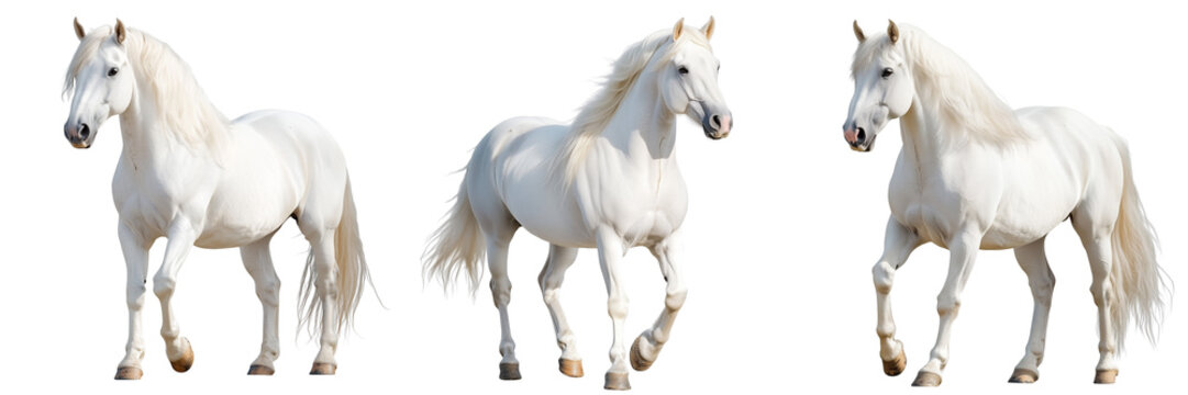 A Set of White Horses with Flowing Manes and Graceful Movements in Nature Isolated on Transparent Background