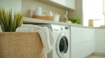 Modern minimalist utility room with clean, efficient design. Featuring neutral tones and sleek storage