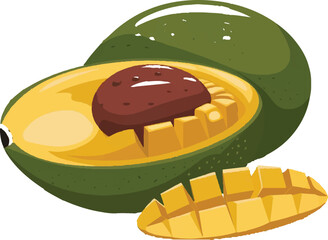 Green Mango Vector Illustration with Detailed Sliced View.