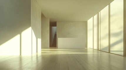 Obraz premium Minimalist 3D rendering of an empty white room, featuring wooden flooring and a light-filled window wall, rendered in hyperrealistic 20K resolution for a professional stock photograph.