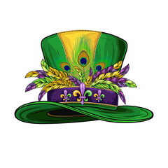 Mardi Gras tall top hat with belt, band with fleur de lis pins, bunch of colorful feathers. Festival masquerade accessories. Vintage style.