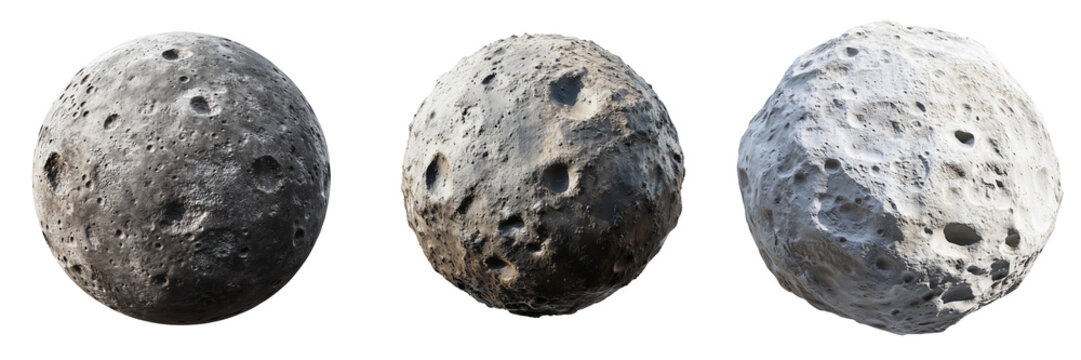 A Set of Large Spherical Asteroid with Intricate Smooth Textures and Pitted Surface Isolated on Transparent Background