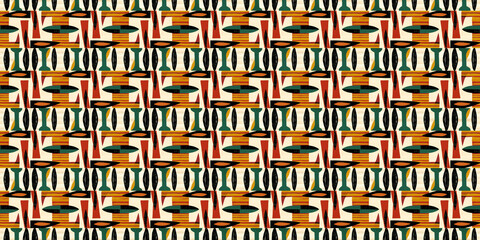 Abstract African art shapes seamless backgrounds, tribal geometric decoration patterns. Colored flat boho symbols illustrations