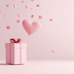 Valentine's day gift with floating hearts banner. Pink gift box and hearts 3d render love background. Engagement