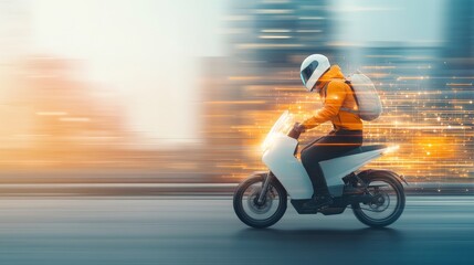 Fototapeta premium Dynamic Delivery Rider in Motion on a Motorcycle, Capturing Urban Energy with Speed and Innovation in a Blurred City Background, Showcasing Fast Transport and Modern Lifestyle