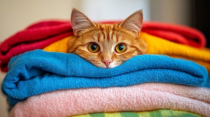 A playful orange cat peeks out from a stack of colorful blankets. The warmth and comfort of the scene are inviting and engaging. A moment of feline curiosity and delight. Generative AI