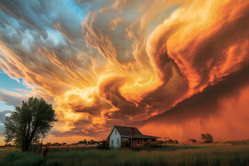 ramatic swirling clouds with a fiery sunset over a lone farmhouse and open fields, symbolizing nature's power, solitude, and the beauty of rural landscapes in an epic scene