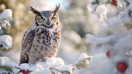 A tranquil scene of a snowy forest where a great horned owl perches silently, with holiday decorations adding charm to the winter atmosphere.