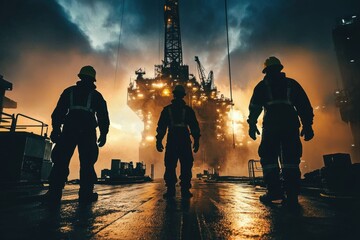 Fototapeta premium Offshore workers diligently performing tasks on an oil rig.