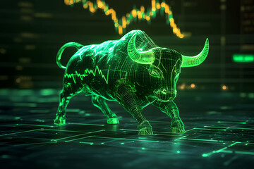 Futuristic glowing green bull symbolizing bullish stock market trends, growth, and financial success with dynamic charts in the background in a tech-inspired design