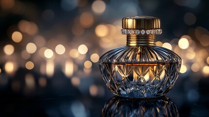 Elegant perfume bottle with bokeh background.