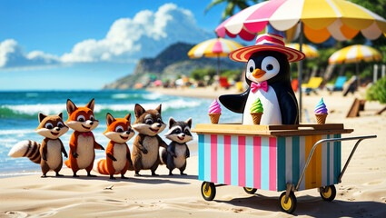A penguin wearing a hat runs an ice cream cart on the beach, serving a line of excited raccoons.