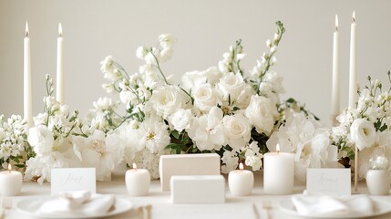 Elegant white wedding table centerpiece with candles, flowers, and place cards.