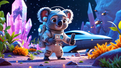 Koala Explorer Discovers Mystical Crystals on an Alien Planet Adventure in Space