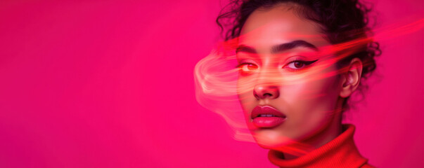 Obraz premium Artistic portrait of a young woman with bold makeup against a vibrant pink background