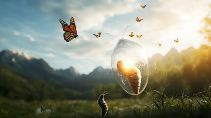 Transformation of a Butterfly Emerging from a Cocoon in a Serene Natural Landscape with Mountains and a Warm Sunset Glow