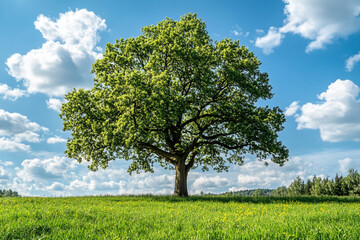 Fototapeta premium A large tree stands alone in a huge field with a clear blue sky above it. 