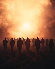Fototapeta premium Soldiers marching into sunset through misty battlefield
