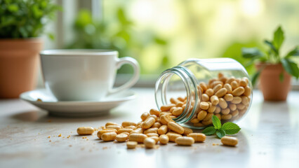Magnesium capsules spilled on counter next to coffee cup.