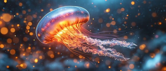 Fiery jellyfish glowing in dark ocean.
