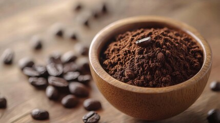 Coffee grounds in a wooden bowl on a rustic table
