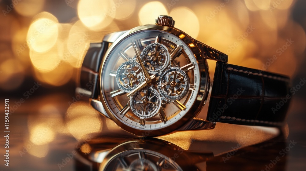 Poster luxury wristwatch with a golden frame showcased against a blurred background of warm lights during a