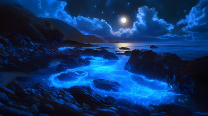Fototapeta premium Bioluminescent dinoflagellates creating a stunning light show in a moonlit coastal tide pool. Moonlit. Illustration