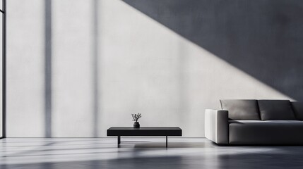 Sleek modern minimalist living room design with few furniture pieces. Featuring an open layout and clean lines