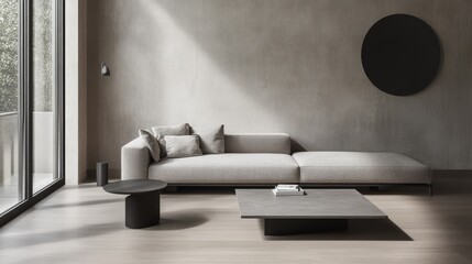 Sleek modern minimalist living room design with few furniture pieces. Featuring an open layout and clean lines
