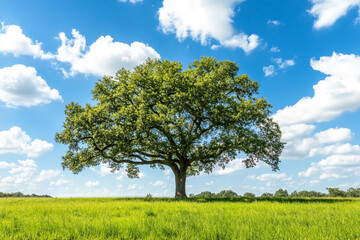 A large tree stands alone in a huge field with a clear blue sky above it. 