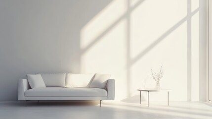 Sleek modern minimalist living room design with few furniture pieces. Featuring an open layout and clean lines