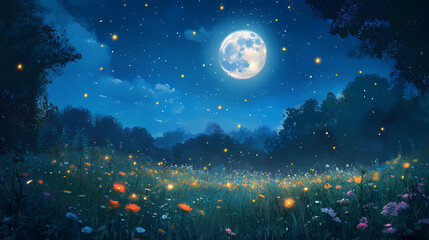 Fototapeta premium Enchanting night scene with a full moon, glowing fireflies, and a meadow of flowers creating a magical atmosphere in nature. Moonlit. Illustration