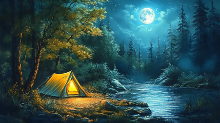 Enchanting nighttime camping scene by serene river in lush forest illuminated tent glows warmly against backdrop of moonlit trees capturing essence of wilderness adventure. Moonlit. Illustration