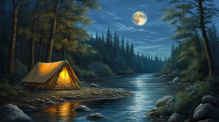 Enchanting nighttime camping scene by serene river in lush forest illuminated tent glows warmly against backdrop of moonlit trees capturing essence of wilderness adventure. Moonlit. Illustration