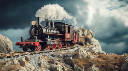 Obraz premium A vintage steam train chugs along a mountain track, smoke billowing from its smokestack. A dramatic sky adds to the epic scene.
