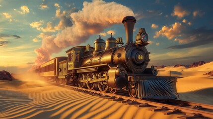 Fototapeta premium Vintage steam train chugging through a desert landscape at sunset. The warm light casts long shadows, creating a dramatic scene.